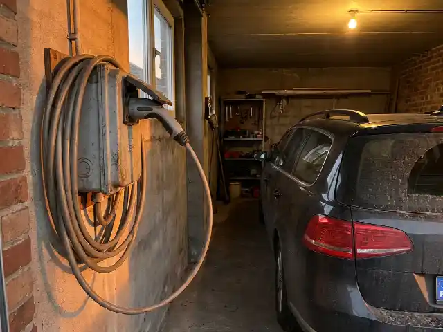 Câble de recharge branché sur une borne murale dans un garage