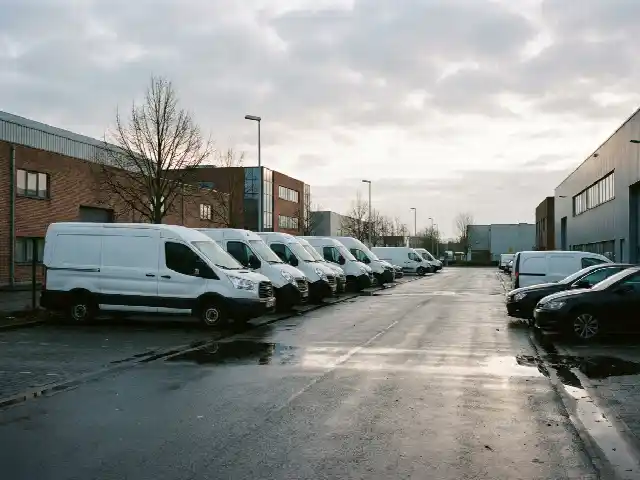 Camionnettes et voitures de société garées à l'aube sur un parking d'entreprise